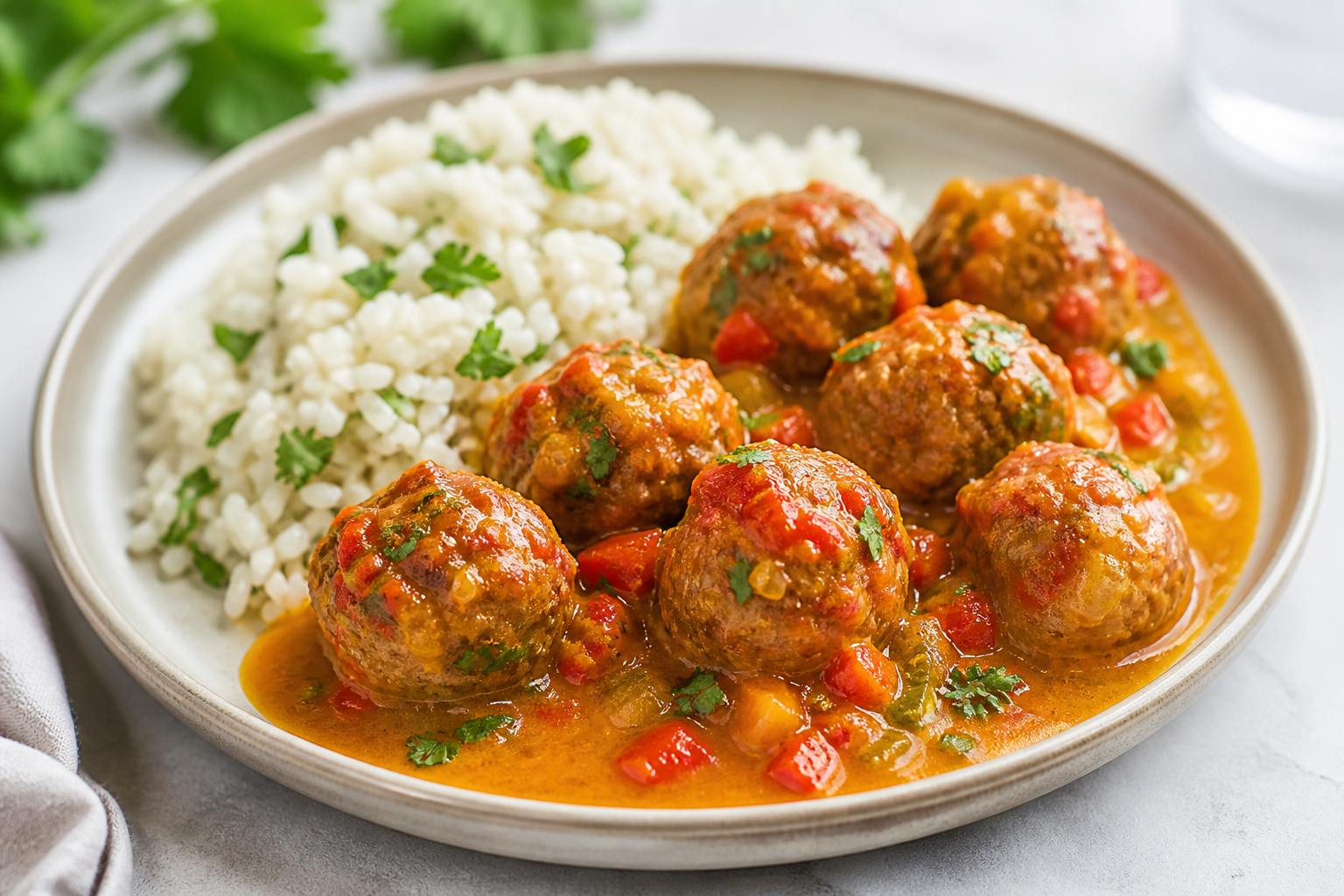 Dominican Pork and Green Plantain Meatballs in Coconut Sweet Pepper Sauce with Cilantro Rice
