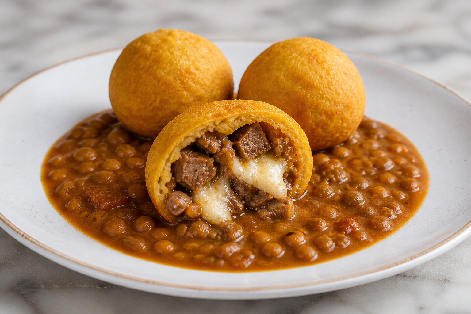 Bolas de Plátano Maduro Rellenas de Chivo Guisado y Queso con Salsa Criolla de Guandules