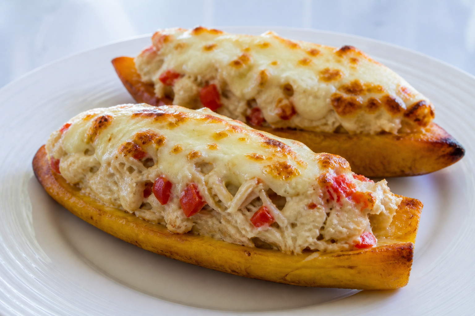 Sweet Plantain Canoes with Creamy Dogfish Stew, Sweet Pepper Sofrito and Gratinated Llanero Cheese