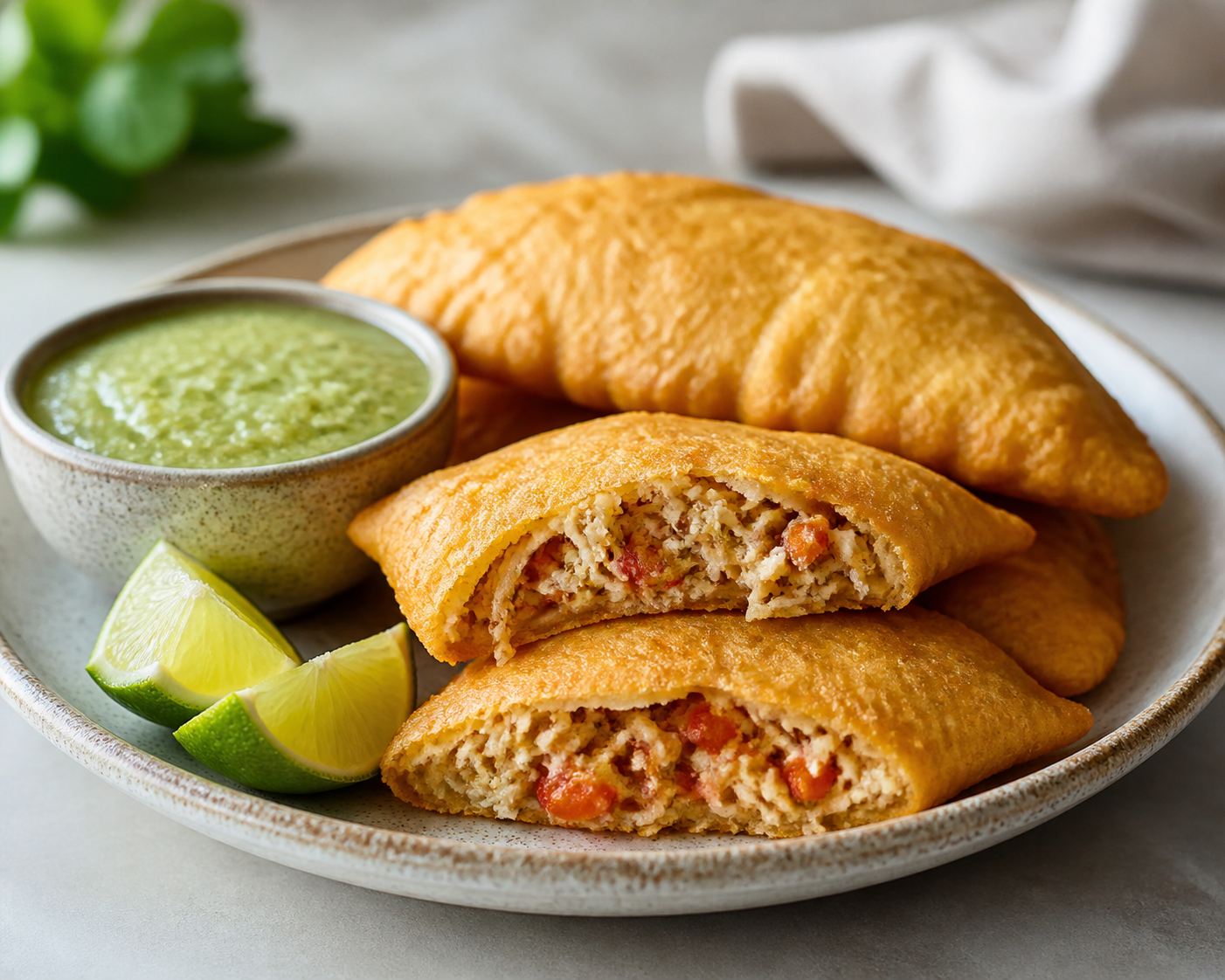 Pastelitos Crujientes de Plátano Verde con Cazón al Coco, Sofrito de Ají Dulce y Guasacaca de Lima