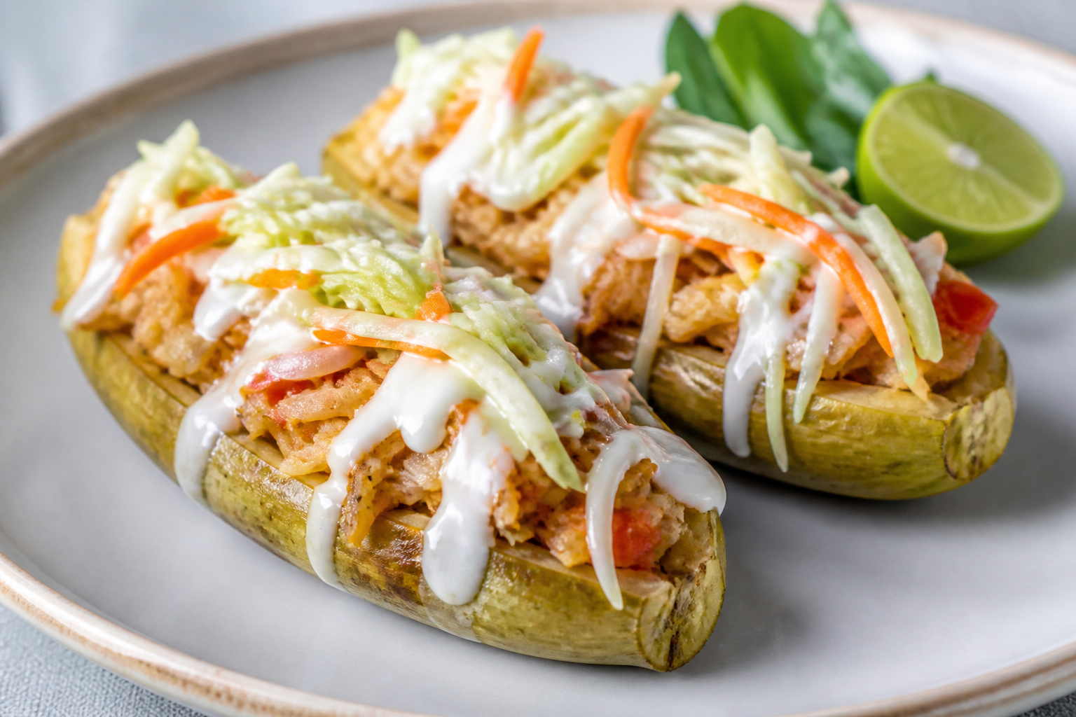 Green Plantain Canoes with Stewed Shark, Coconut-Lime Cream, and Crunchy Cabbage Slaw