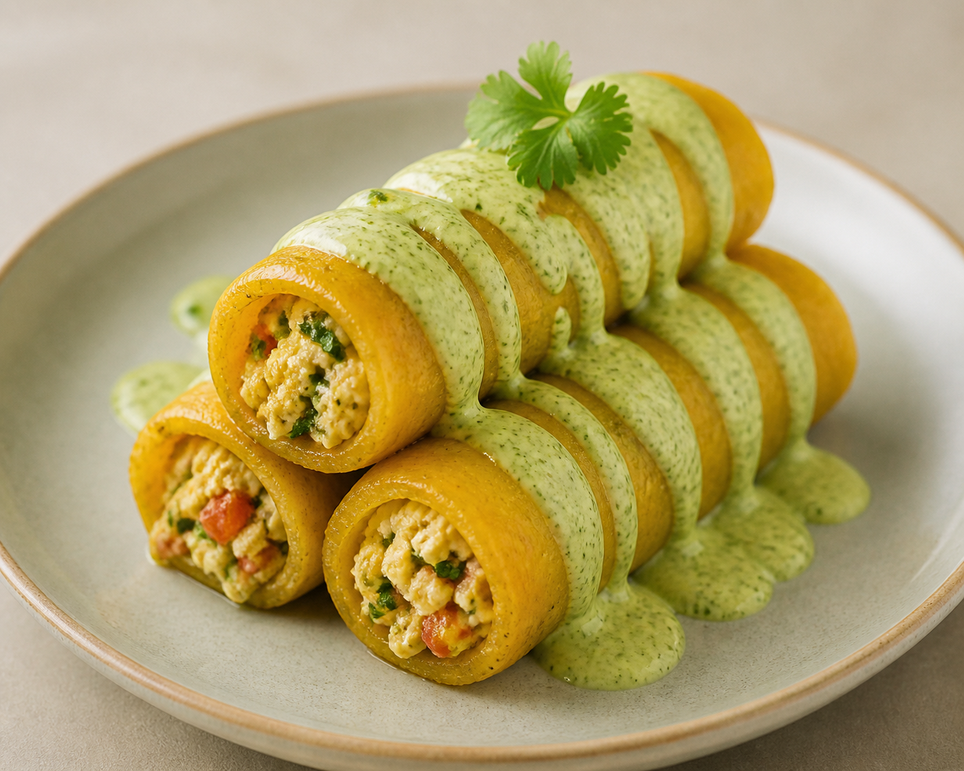 Green Plantain Arepa Rolls with Llanero Perico and Citrusy Cilantro Cream