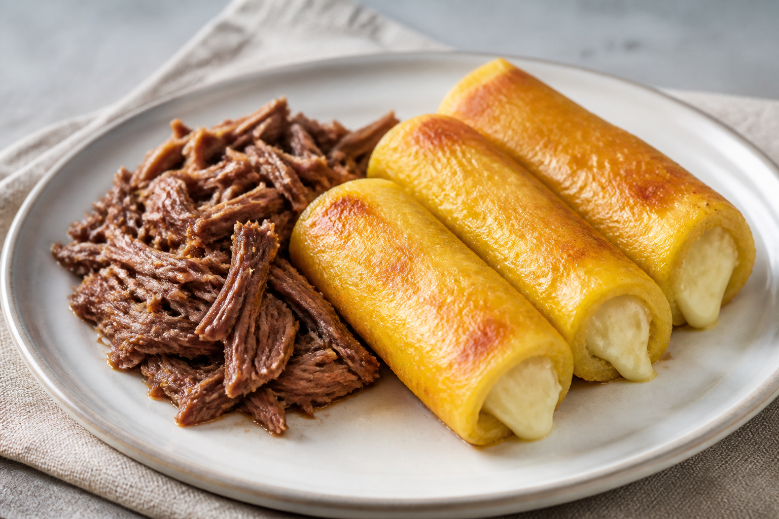 Enrollados Criollos de Plátano Verde y Queso con Carne Mechada al Cacao Suave