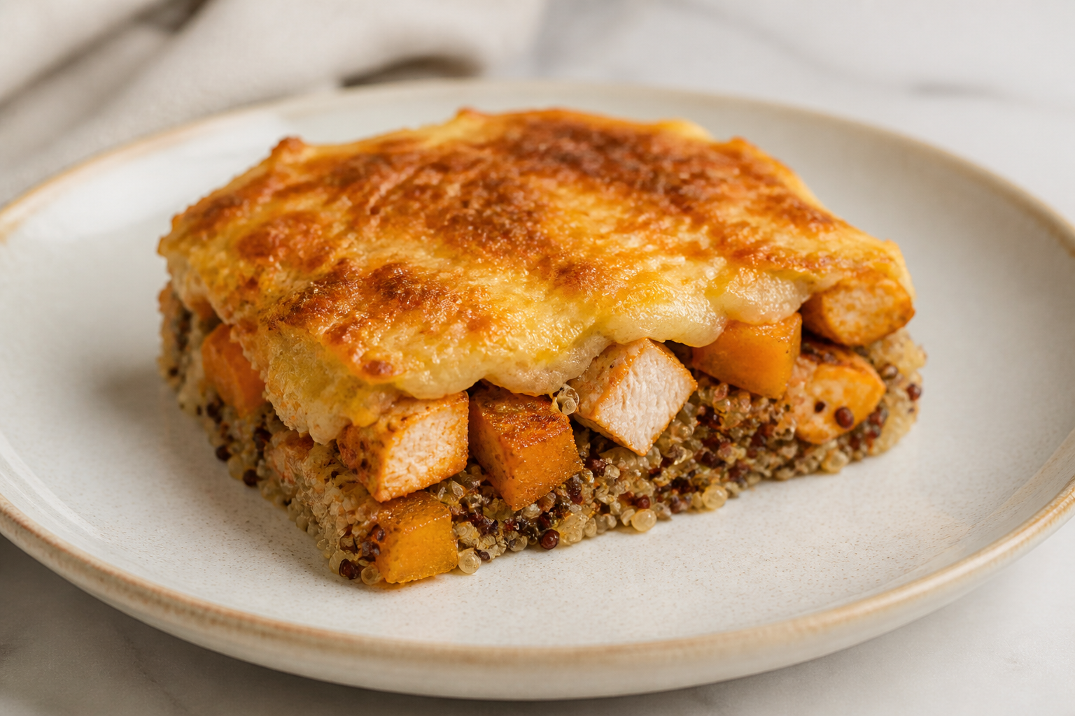 Pastel Criollo de Quínoa con Pollo al Pimentón, Zapallo Asado y Costra de Queso Sardo