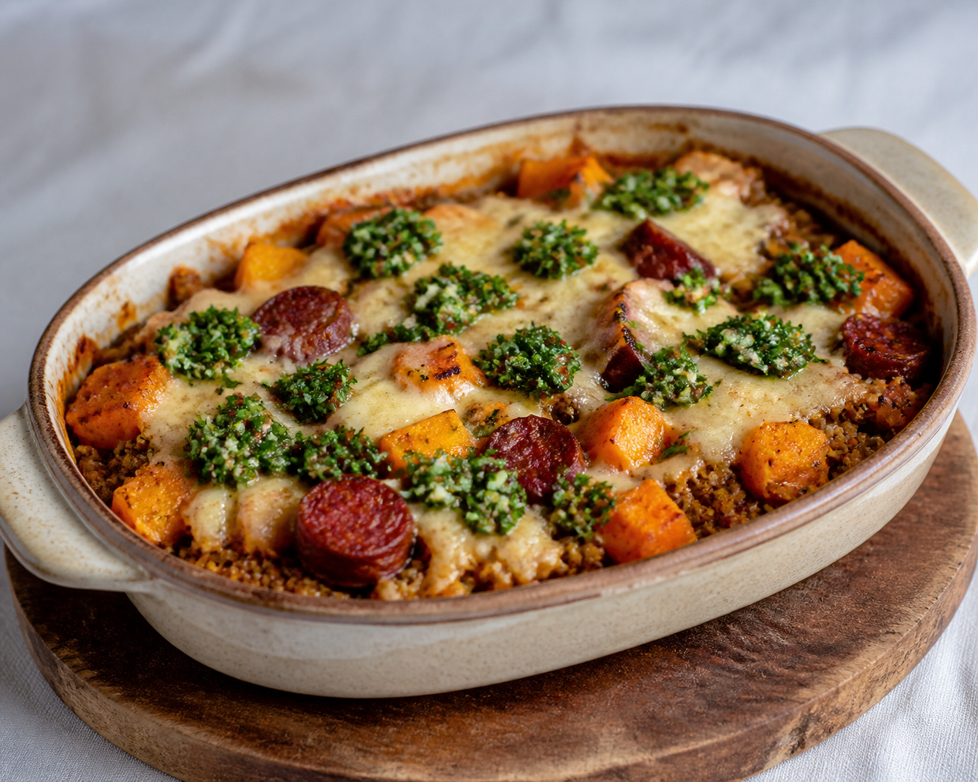 Pampas-Style Quinoa, Red Chorizo and Squash Bake with Provolone Topping and Parsley Chimichurri
