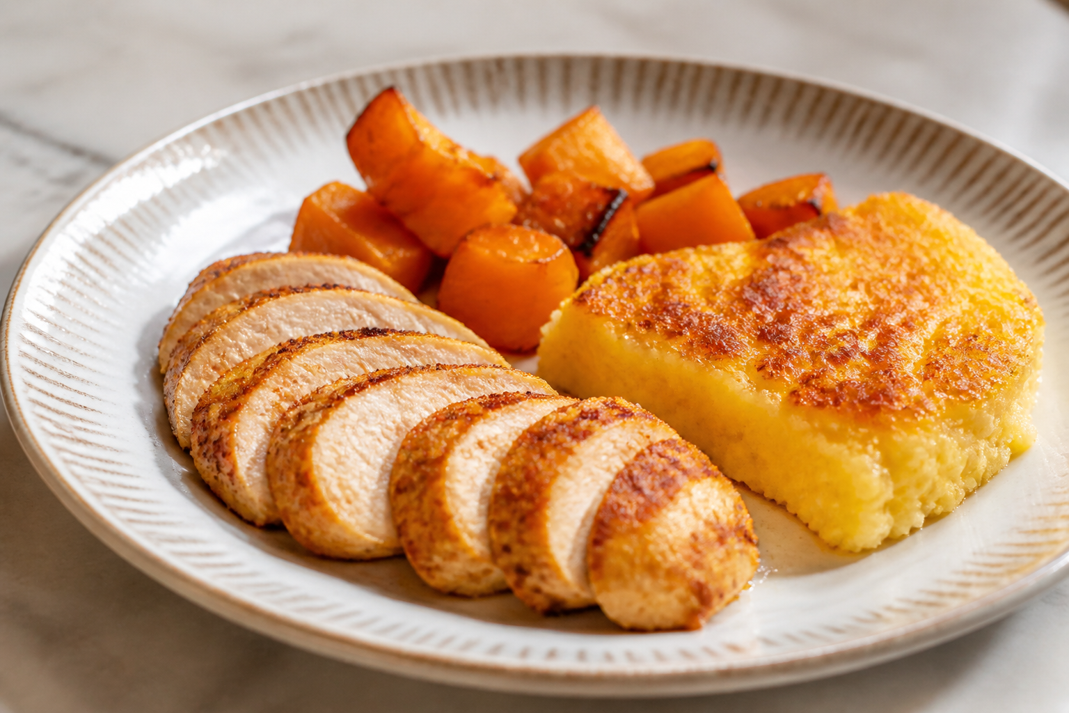 Pastel de Polenta Criolla con Pollo al Pimentón, Zapallo Asado y Costra de Queso Sardo