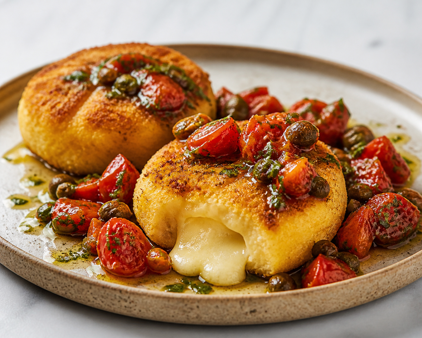 Stuffed Polenta Cutlets with Criollo Cheese and Warm Roasted Tomato, Capers, and Parsley Sauce