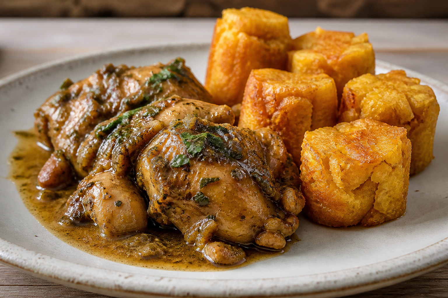 Recao-Coconut Braised Chicken with Golden Yuca Mofonguitos