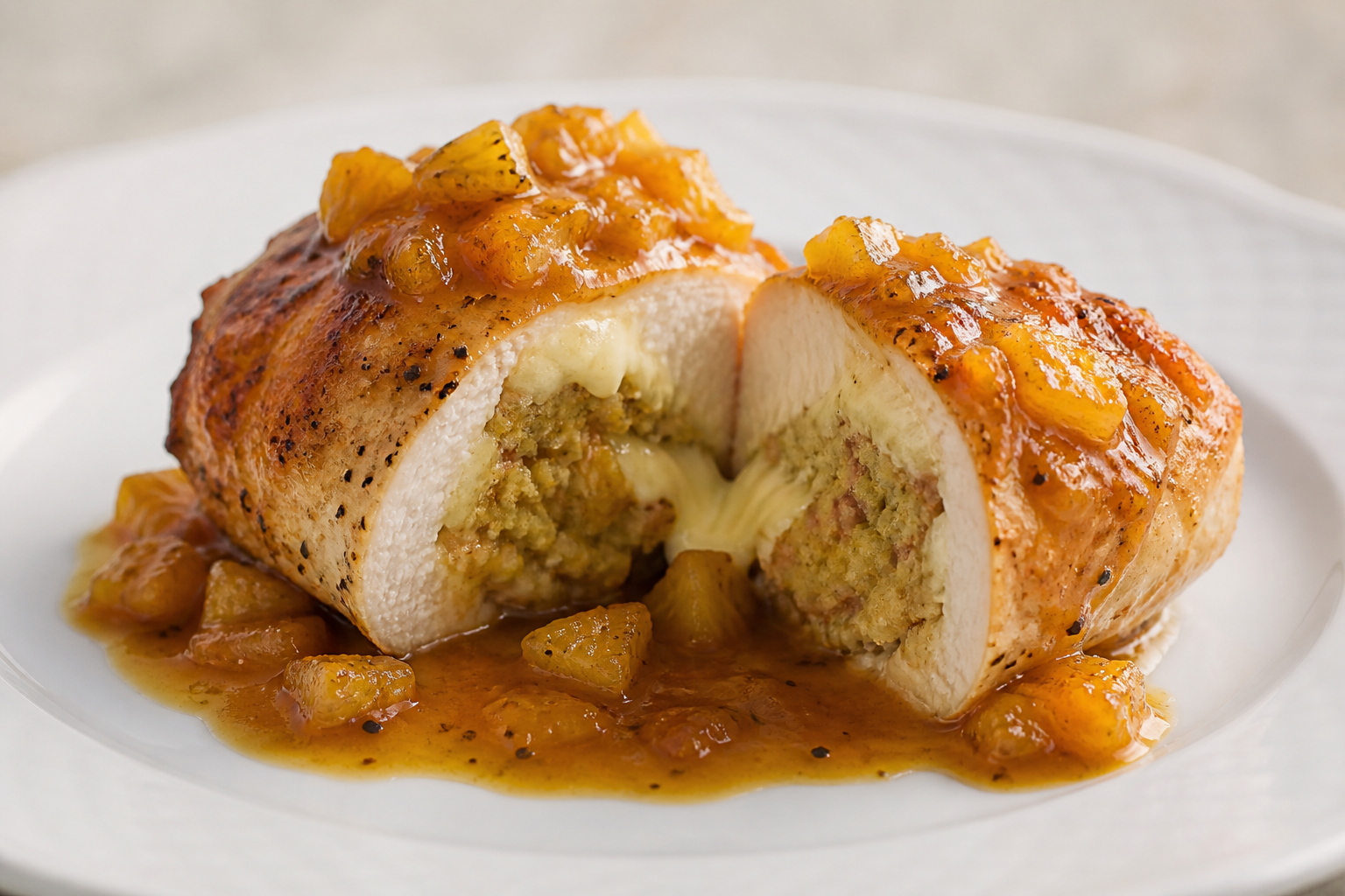 Pechuga de Pollo Rellena de Mofongo Suave y Queso del País con Salsa Criolla de Piña Asada