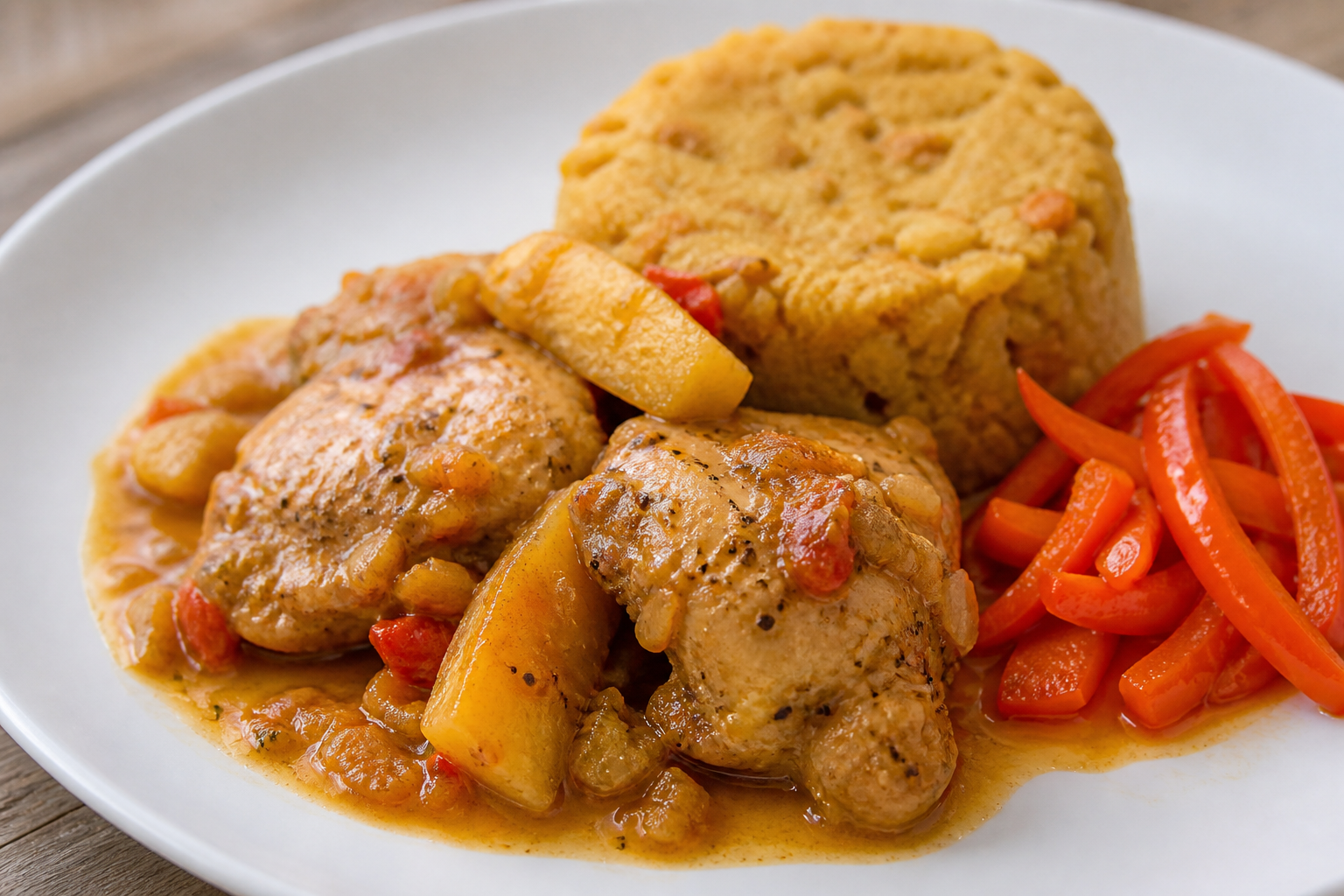 Sofrito Pineapple Braised Chicken with Yuca Mofongo and Sweet Pepper
