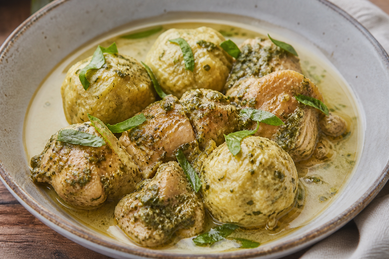 Recao Chicken Stew with Breadfruit Mofongo Dumplings and Light Coconut Broth