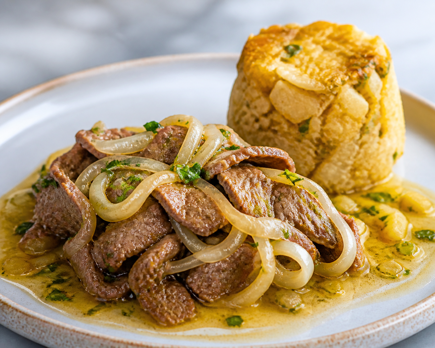 Mortar-Pounded Steak with Onions, Soft Taro Mofongo, and Warm Pineapple Mojo