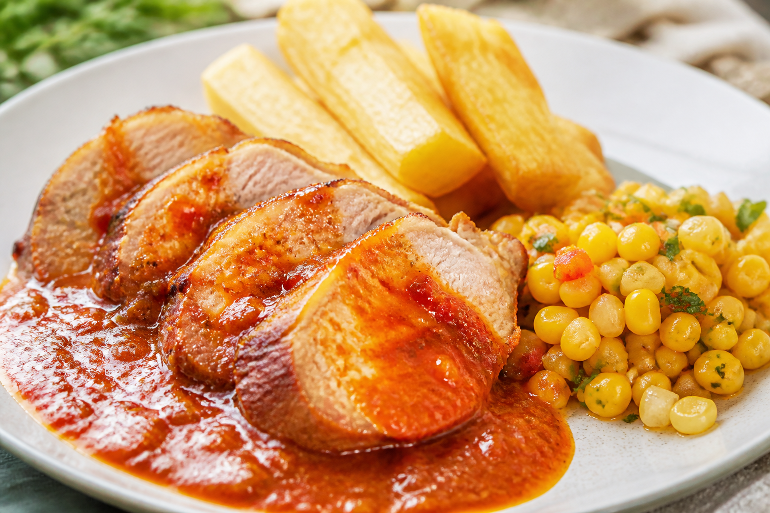 Lomo de Cerdo Hondureño en Salsa de Jocote y Achiote con Yuca Dorada y Chimol de Maíz Tierno