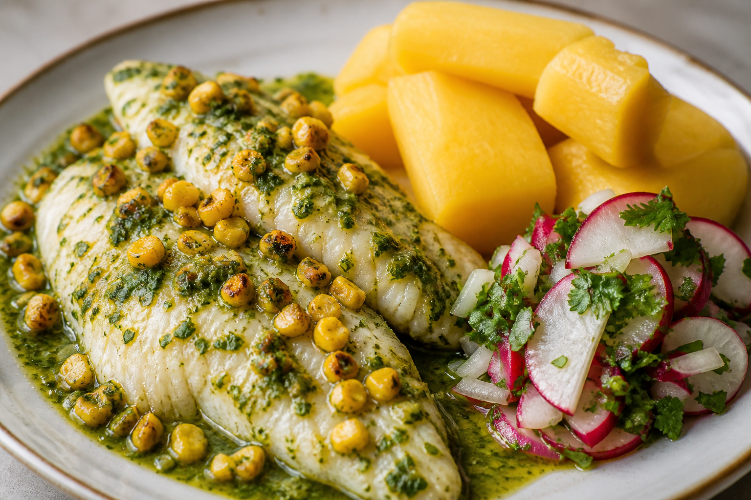 Honduran Fish in Roasted Baby Corn and Cilantro Sauce with Golden Yuca and Radish Chimol