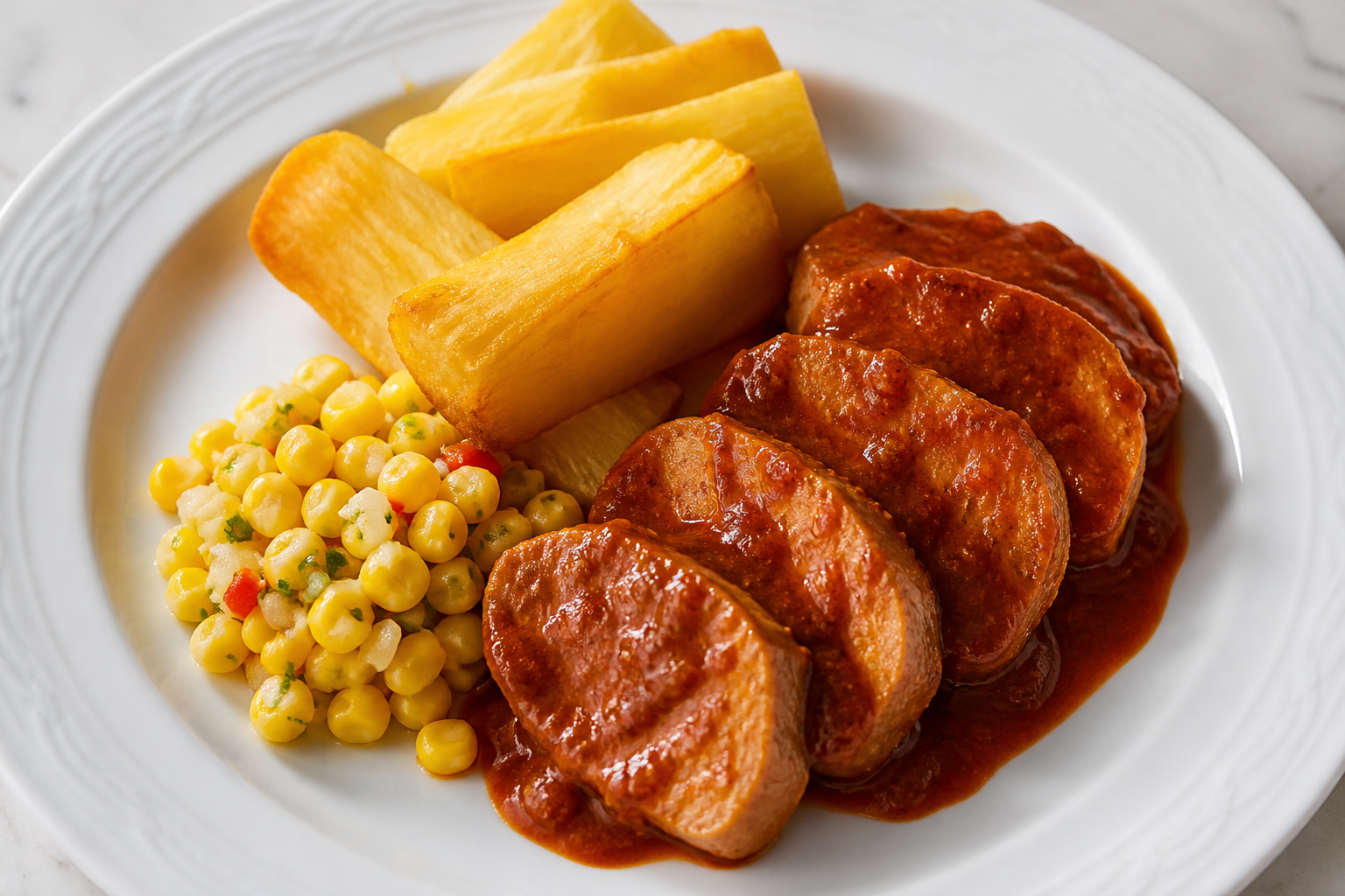 Honduran Pork Loin in Jocote and Annatto Sauce with Golden Yuca and Corn Chimol