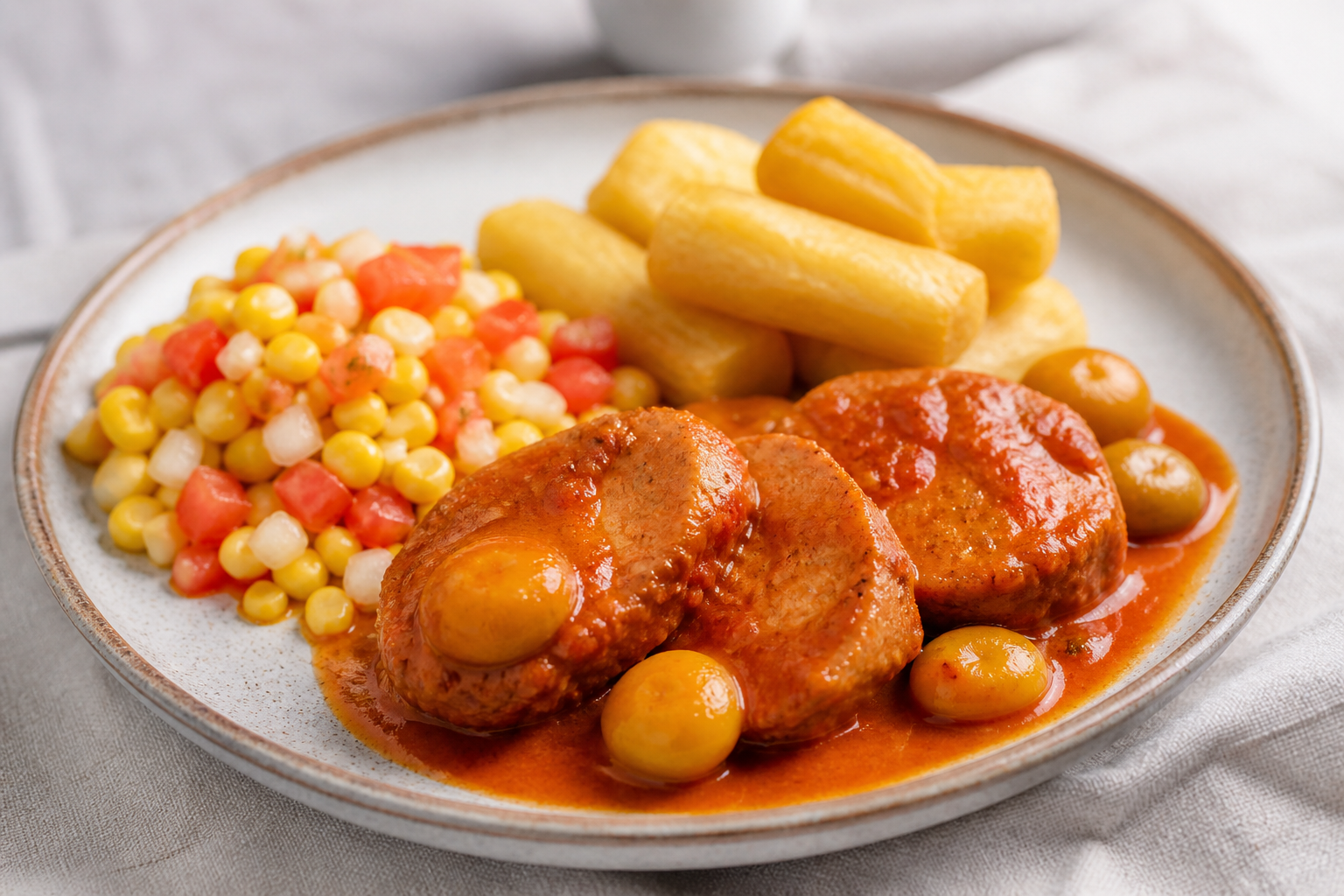 Lomo de Cerdo Hondureño en Recado de Jocote y Achiote con Yuca Dorada y Chimol de Maíz Tierno