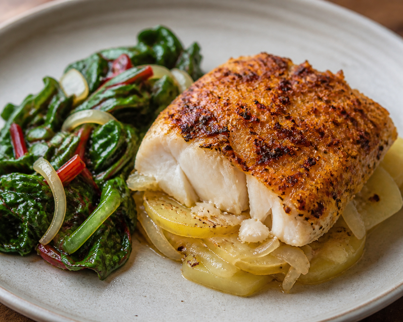 Chilean potato and smoked rockfish bake with sautéed chard and merkén chuchoca crust