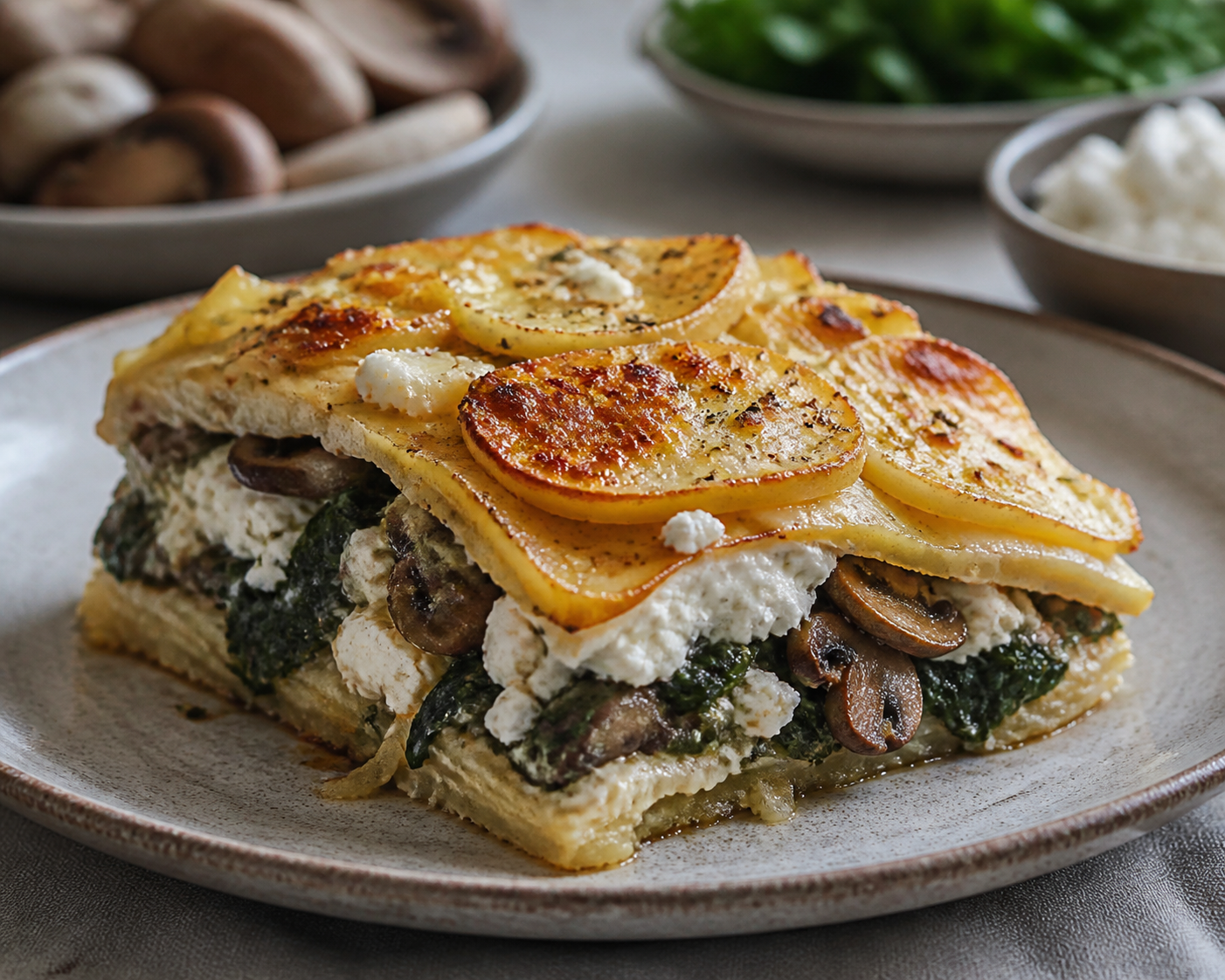 Chilean Merkén Potato Bake with Mushroom-Spinach Filling and Goat Cheese