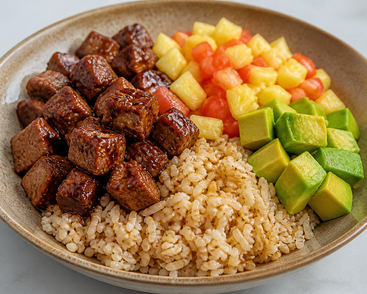 Colombian toasted rice bowl with tamarind pork, pineapple hogao, and avocado