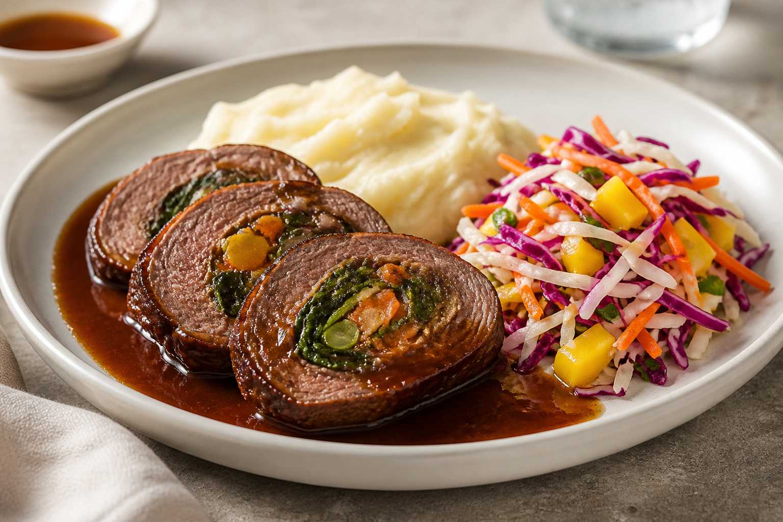 Muchacho Relleno Colombiano en Salsa de Panela y Tamarindo con Puré de Yuca y Ensalada de Repollo y Mango