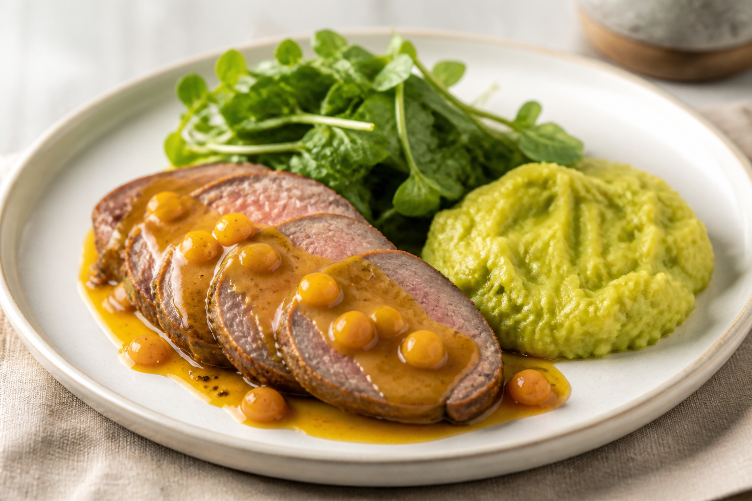 Muchacho de Res en Salsa de Uchuva y Panela con Mote de Plátano Verde y Ensalada de Berros