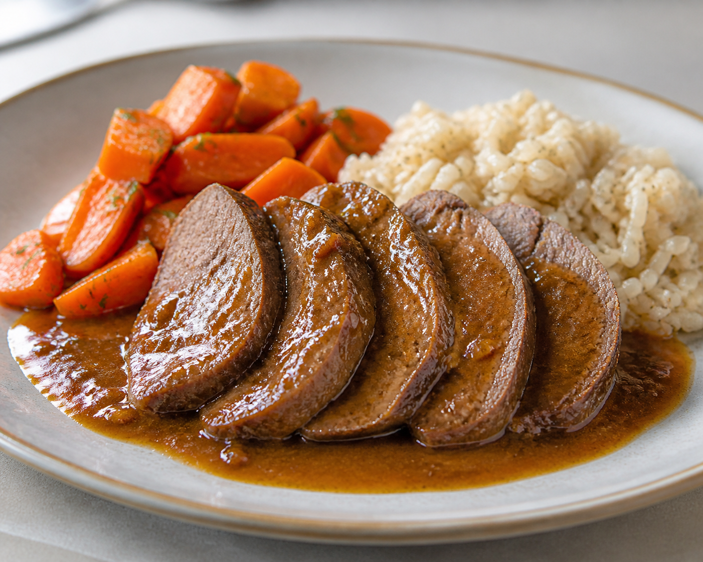Colombian Beef Eye Round in Panela and Tree Tomato Sauce with Pearl Barley Rice and Creole Carrots