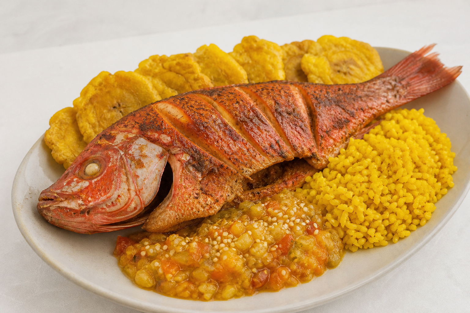 Mojarra Colombiana al Hogao de Piña y Ajonjolí con Arroz de Cúrcuma y Patacones Finos