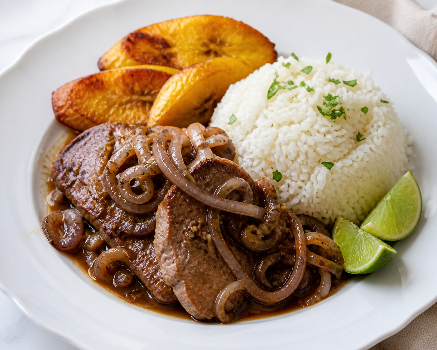Bistec de Cerdo Cubano en Escabeche de Café, Cebolla y Lima con Arroz Blanco y Plátano Maduro Dorado