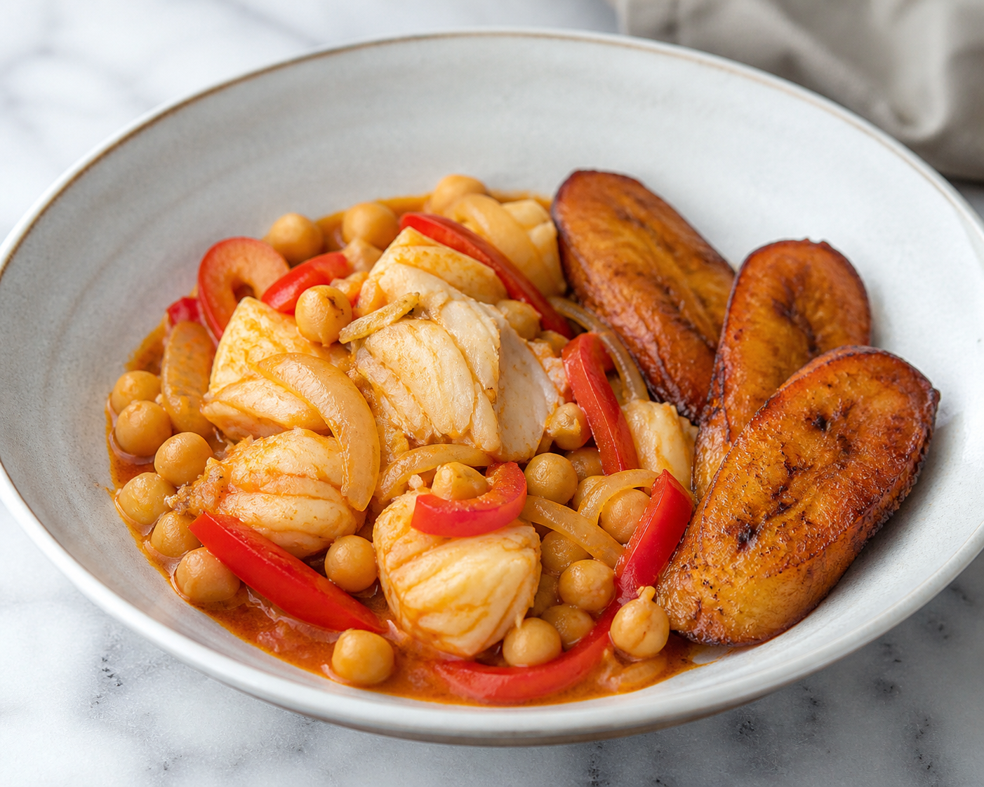 Bacalao Cubano Guisado con Garbanzos, Ají Dulce y Plátano Maduro Sellado