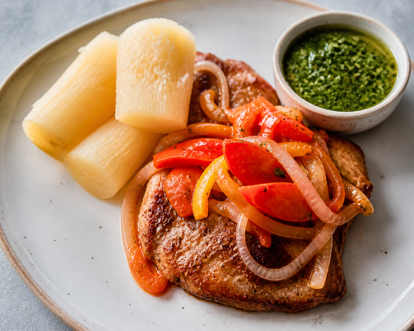 Bistec de Cerdo Cubano en Escabeche Tibio de Guayaba y Cebolla con Yuca al Mojo Verde