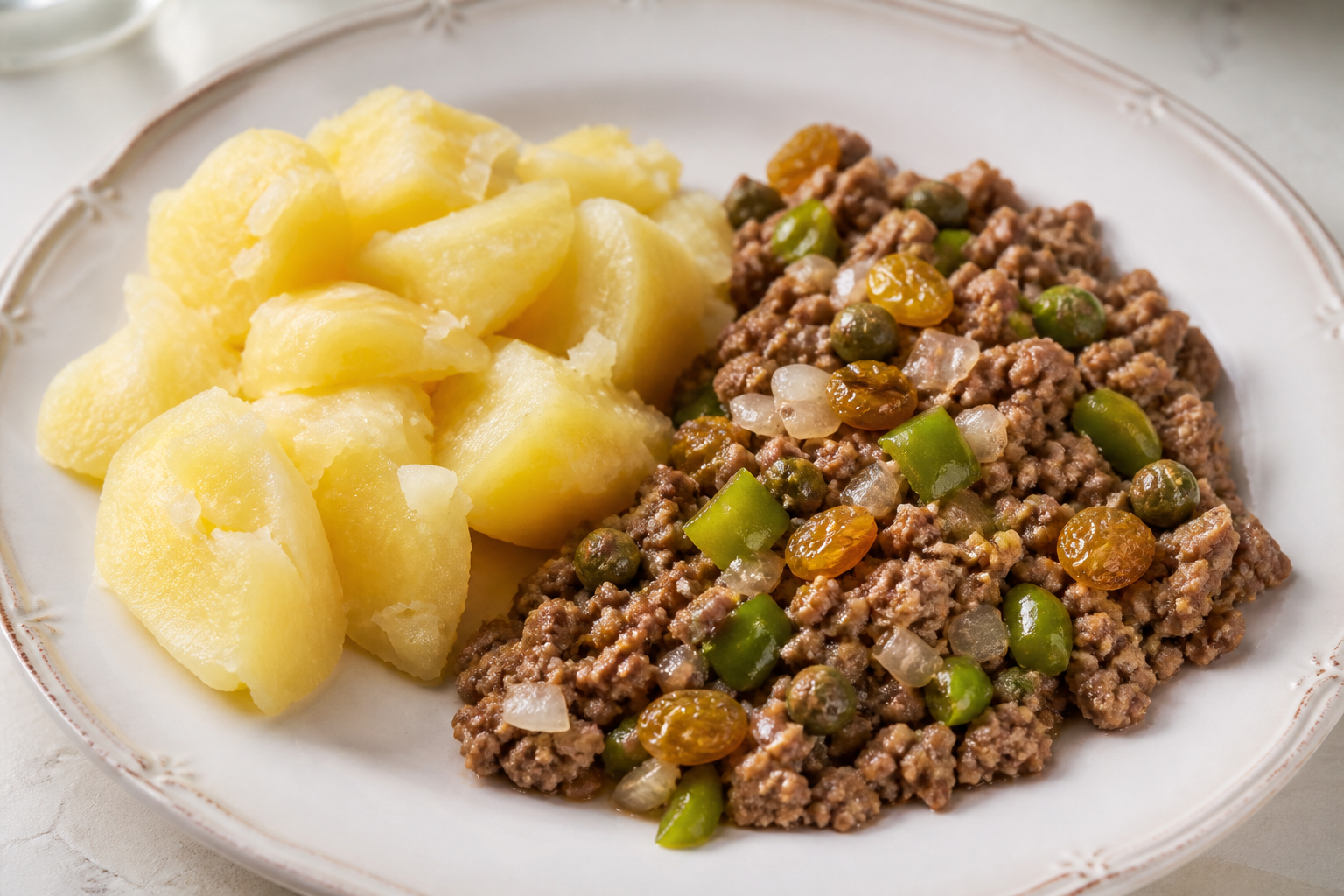 Picadillo Cubano de Cerdo con Pasas Doradas, Alcaparras y Puré Rústico de Yuca