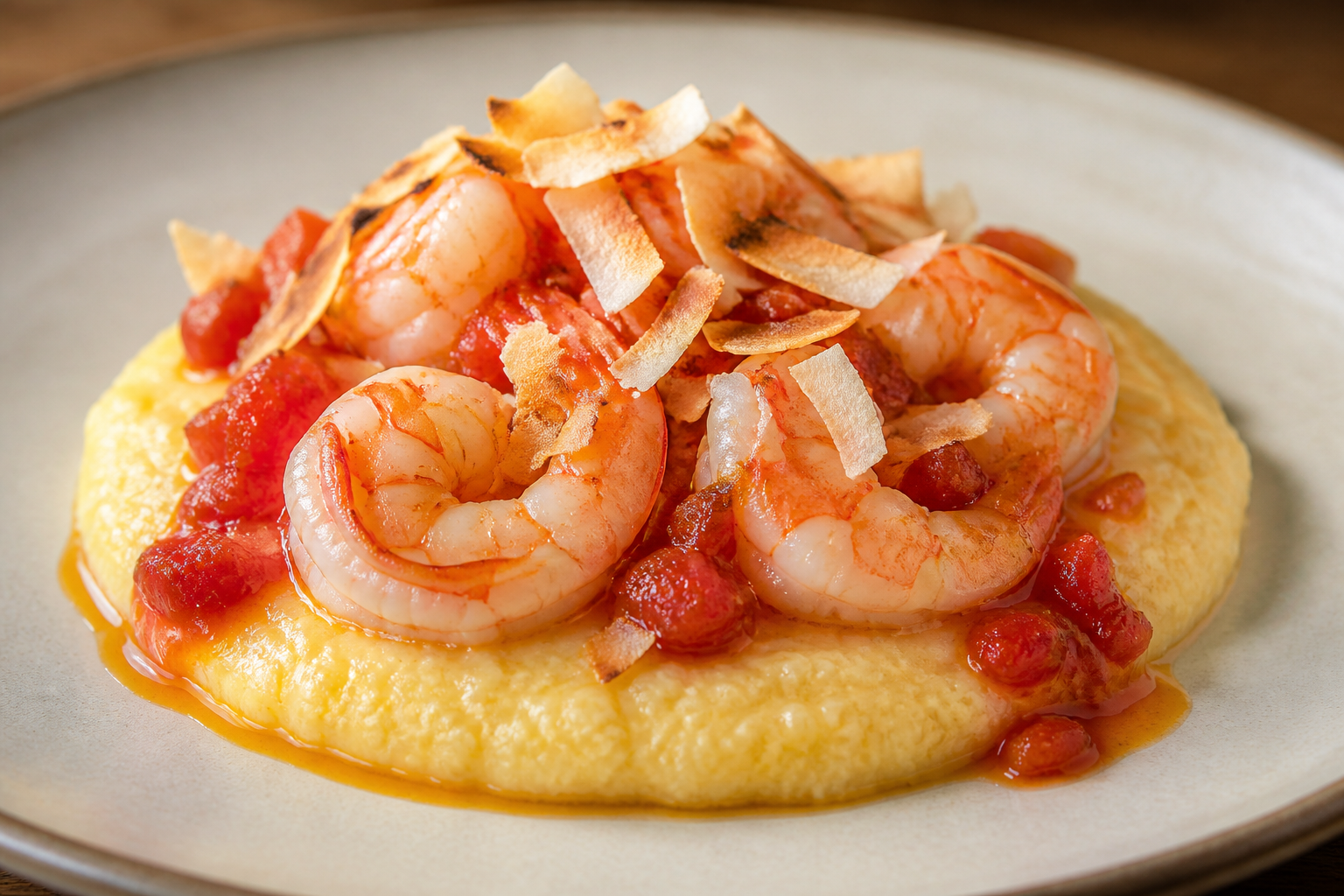 Creamy Northeastern Shrimp and Corn Cuscuz with Warm Tomato Vinaigrette and Toasted Coconut