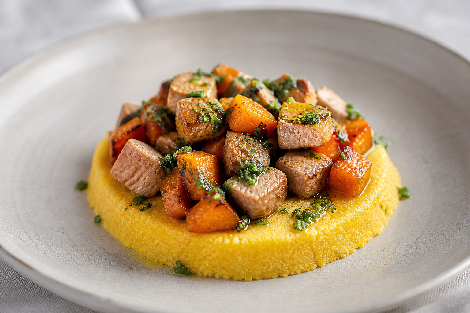 Brazilian Corn Cuscuz with Citrusy Pork, Roasted Squash and Herb Vinaigrette