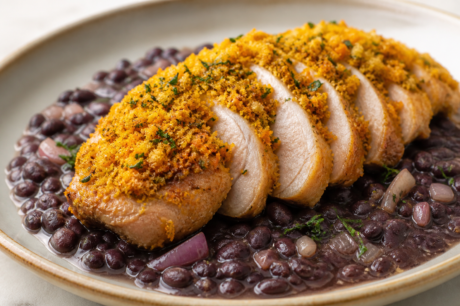 Lomo de Cerdo Brasileño con Costra de Farinha de Mandioca, Naranja y Hierbas sobre Frijoles Negros Cremosos