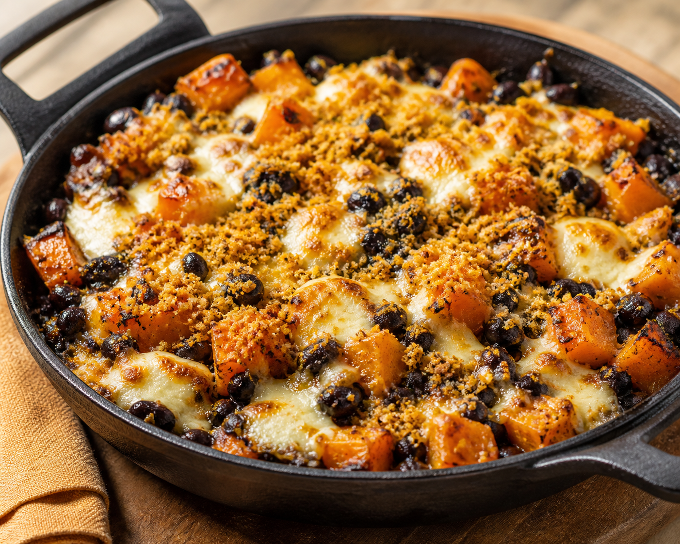 Tigelada Brasileña de Frijol Negro con Calabaza Asada, Queso Minas y Farofa de Naranja