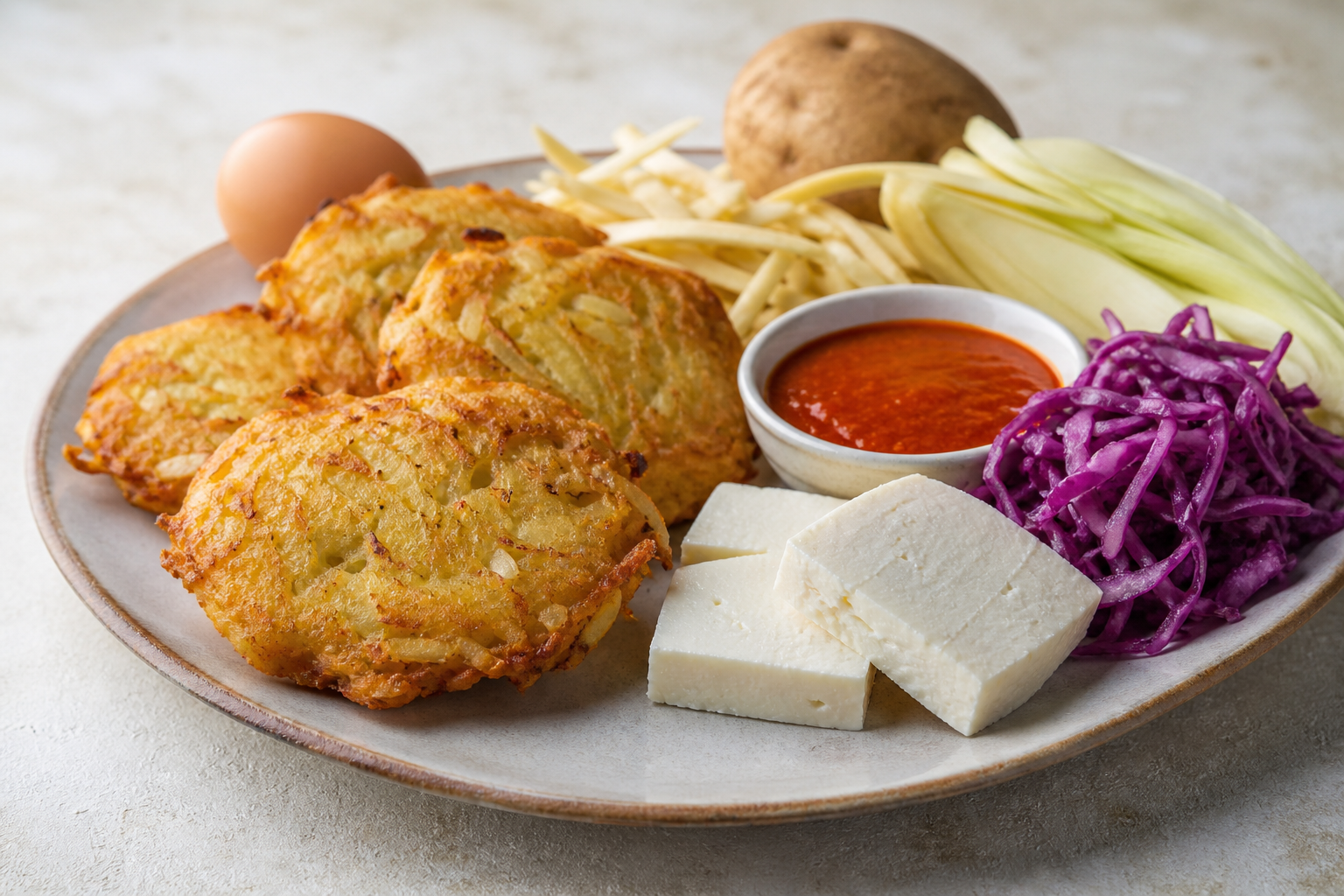 Tortitas salvadoreñas de papa y izote con queso duro blando, salsa de tomate asado y curtido de repollo morado