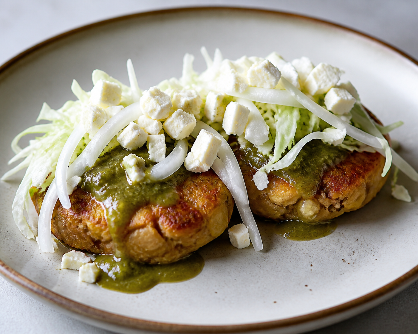 Tortitas salvadoreñas de plátano verde y frijol blanco con queso duro blando, salsa de chile guaque asado y curtido fresco de repollo