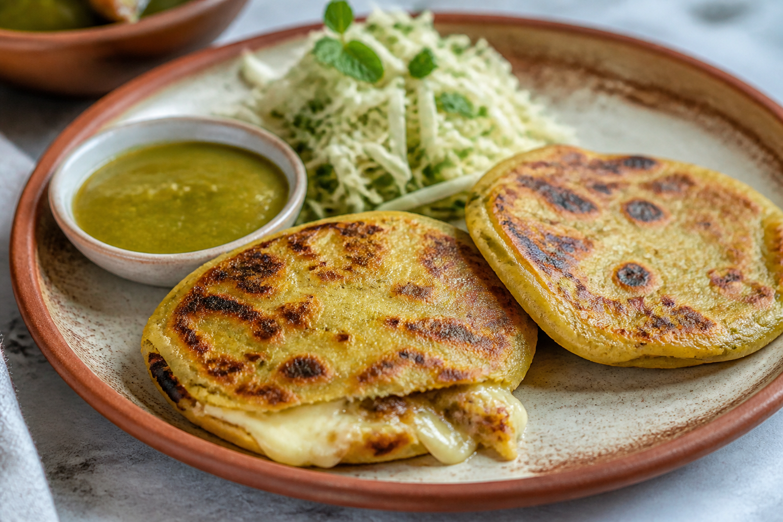 Crispy green plantain and white bean pupusas with hard cheese, guaque chile sauce, and cabbage-mint slaw