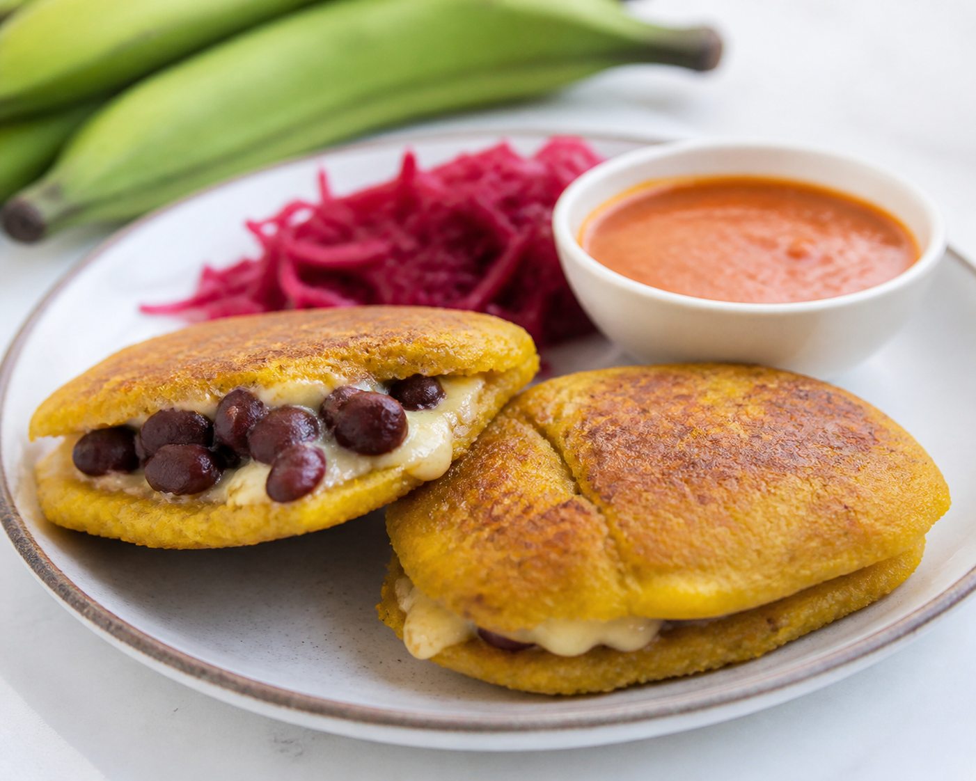 Panaditas salvadoreñas de plátano verde y frijol rojo con quesillo, curtido de remolacha y salsa de tomate rostizado
