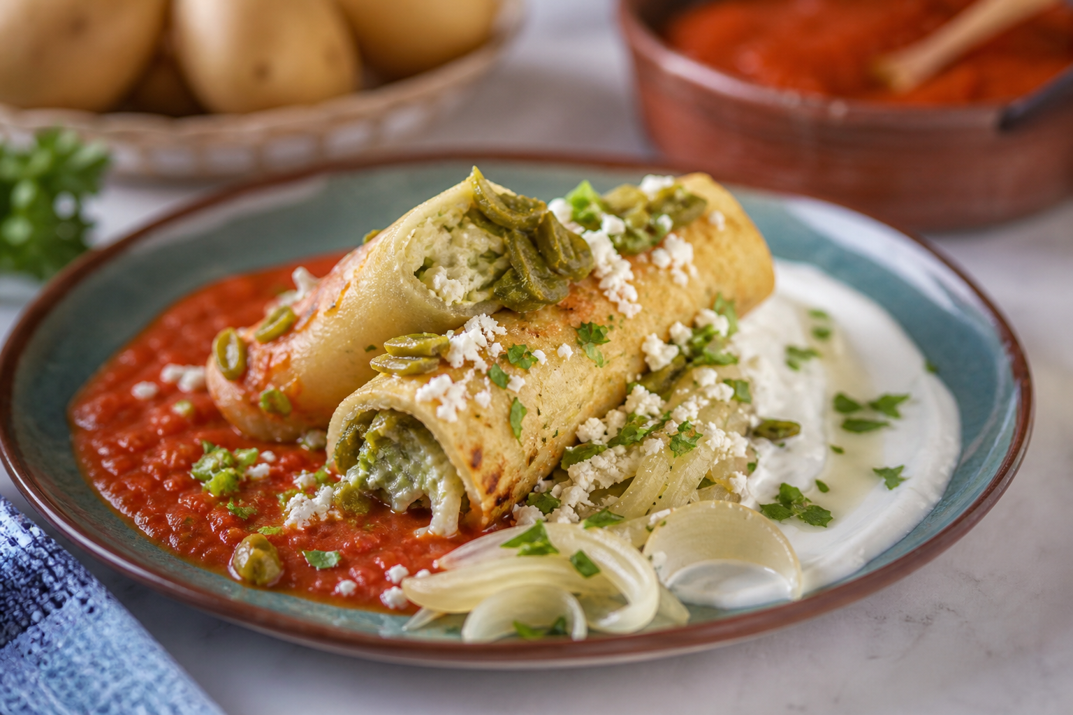 Enrollados salvadoreños de papa y loroco con salsa de tomate asado y crema de alguashte