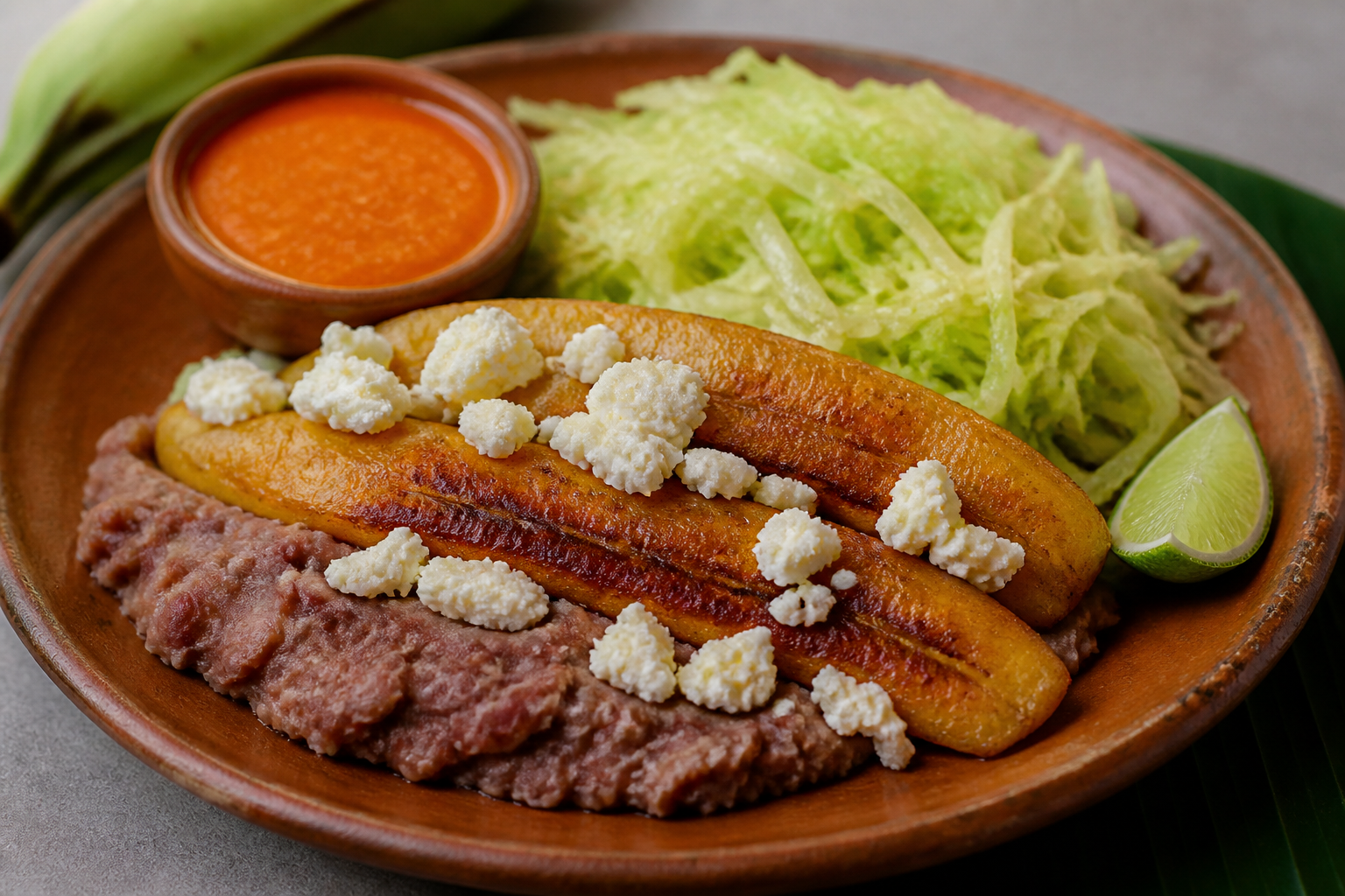 Salvadoran green plantain and red bean matracas with fresh cheese, roasted sweet pepper sauce, and lime cabbage