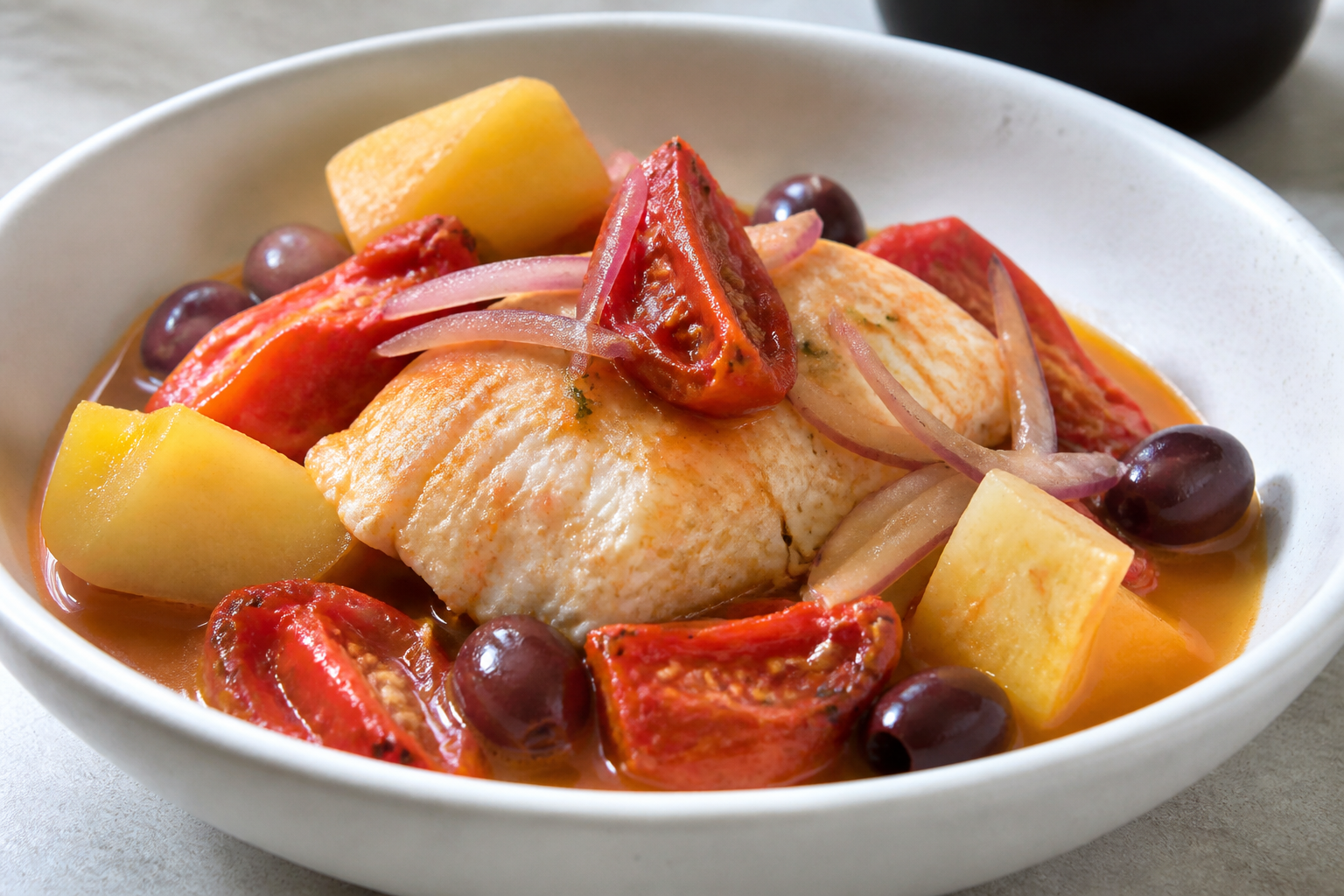 Sudado Norteño de Corvina con Yuca, Tomate Asado y Aceituna Botija