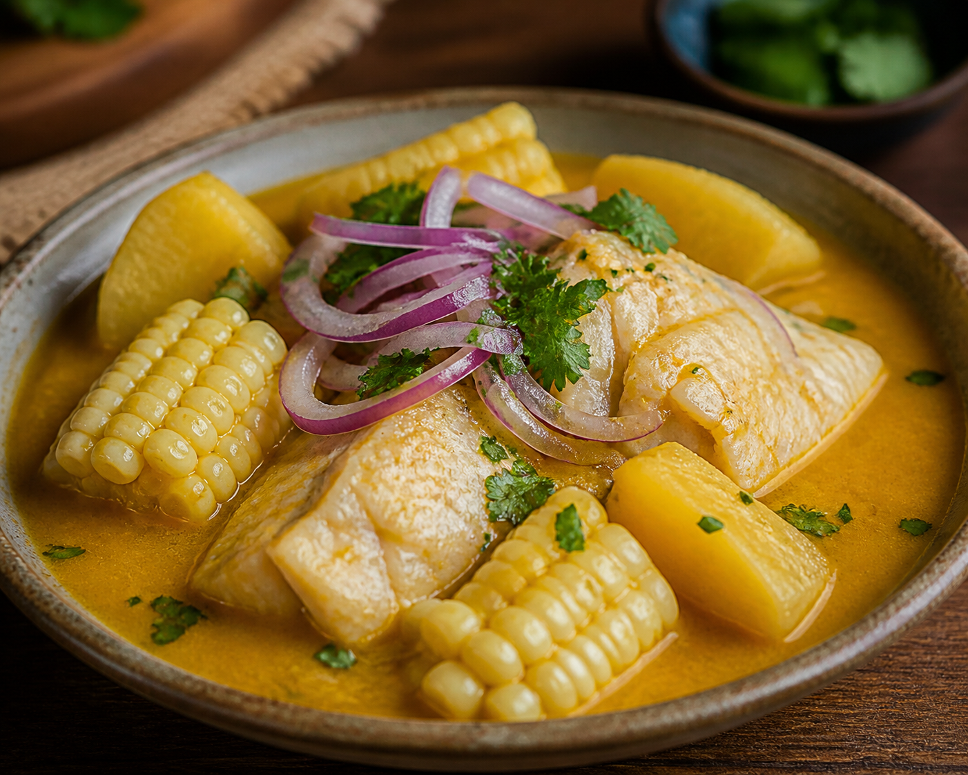 Sudado Norteño de Merluza con Yuca, Ají Amarillo y Choclo al Culantro