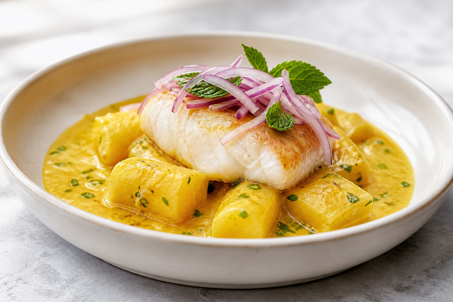 Cau Cau Costeño de Merluza y Yuca con Ají Amarillo y Hierbabuena