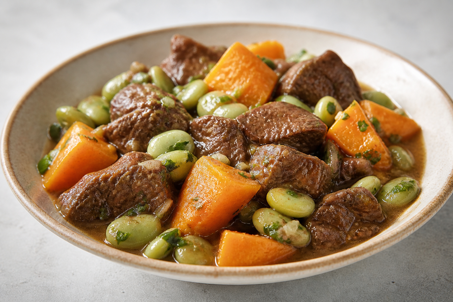 Gentle Peruvian Beef Stew with Cilantro Lima Beans and Golden Sweet Potato