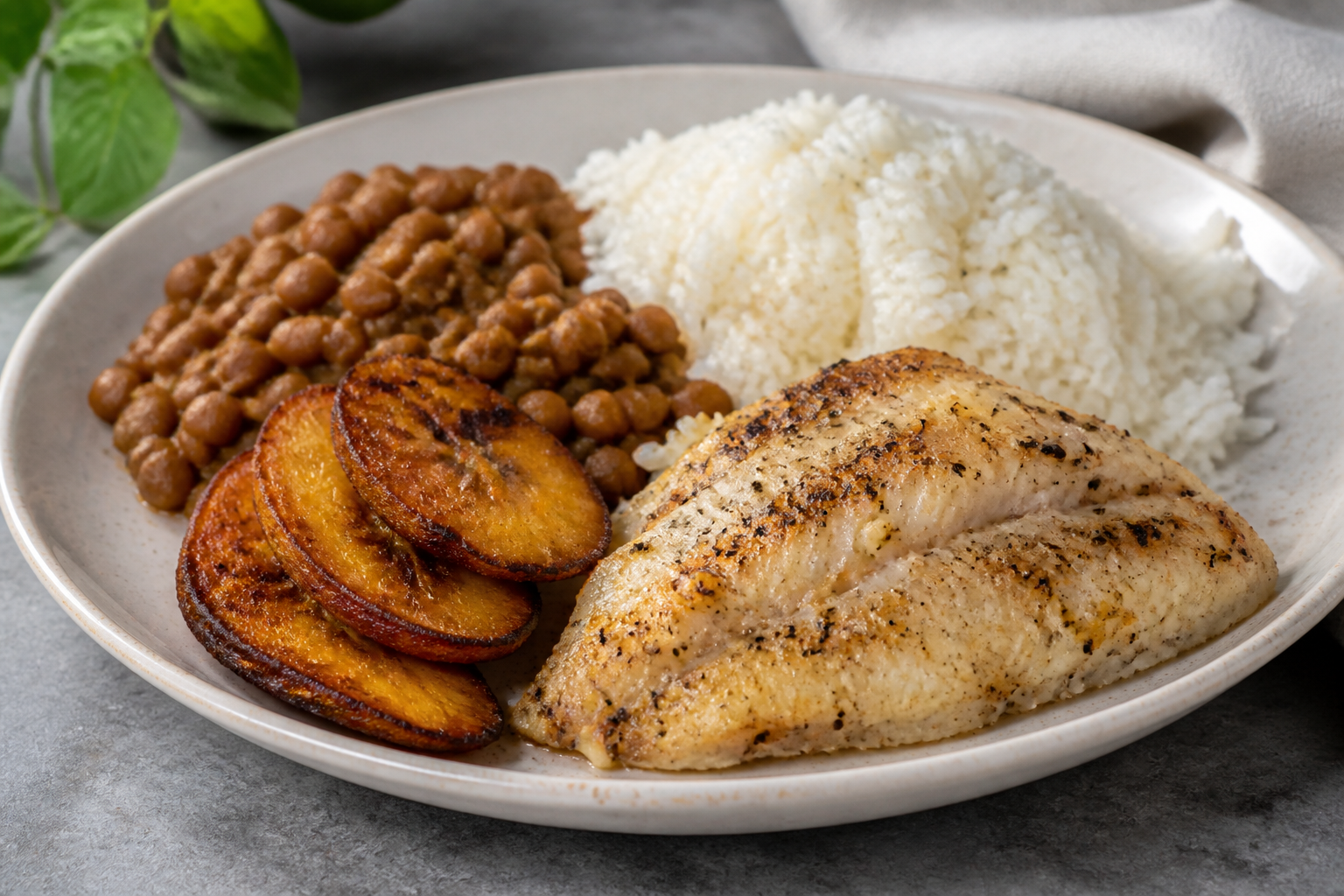 Pot-Style Fish with Coconut Rice, Tender Pigeon Peas, and Crispy Sweet Plantain
