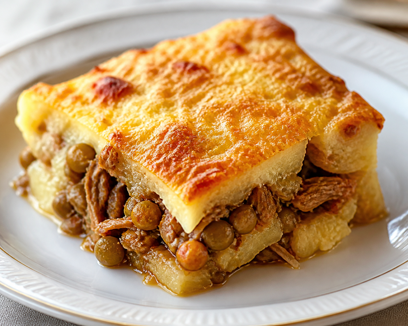 Puerto Rican Yuca Casserole with Sofrito Turkey, Pigeon Peas, and Queso del País Crust