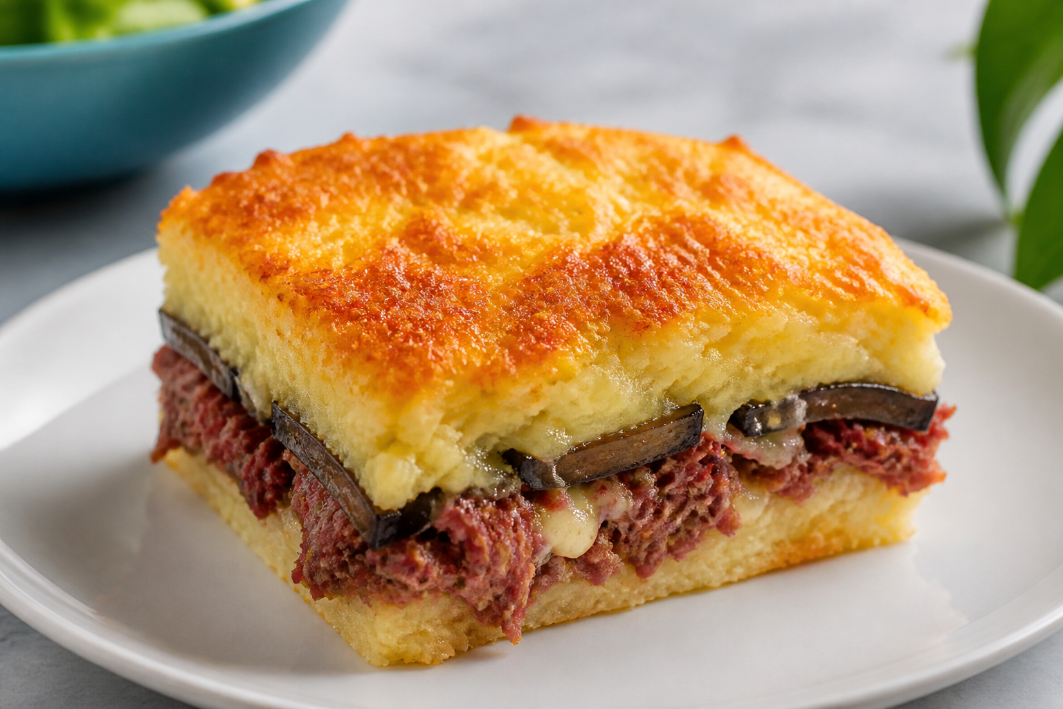 Crispy Yuca Pastelón with Smoked Beef, Eggplant, and Puerto Rican Cheese