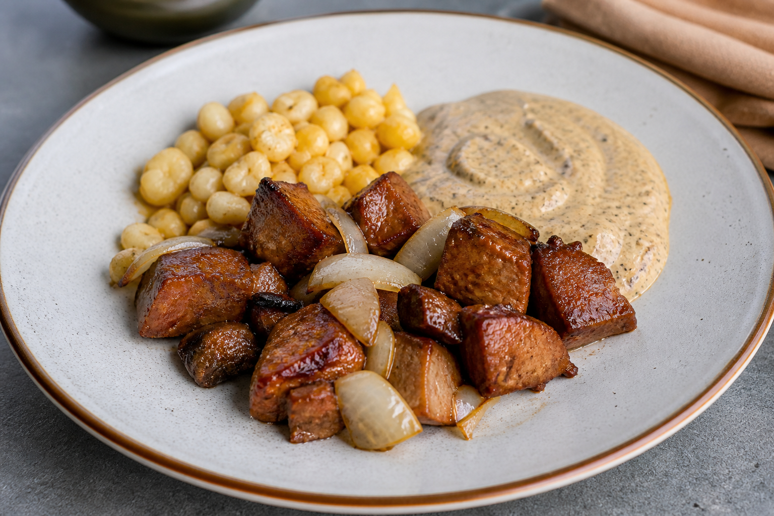 Pork Fritada with Coffee and Naranjilla, Golden Hominy, and Roasted Zucchini Seed Sauce