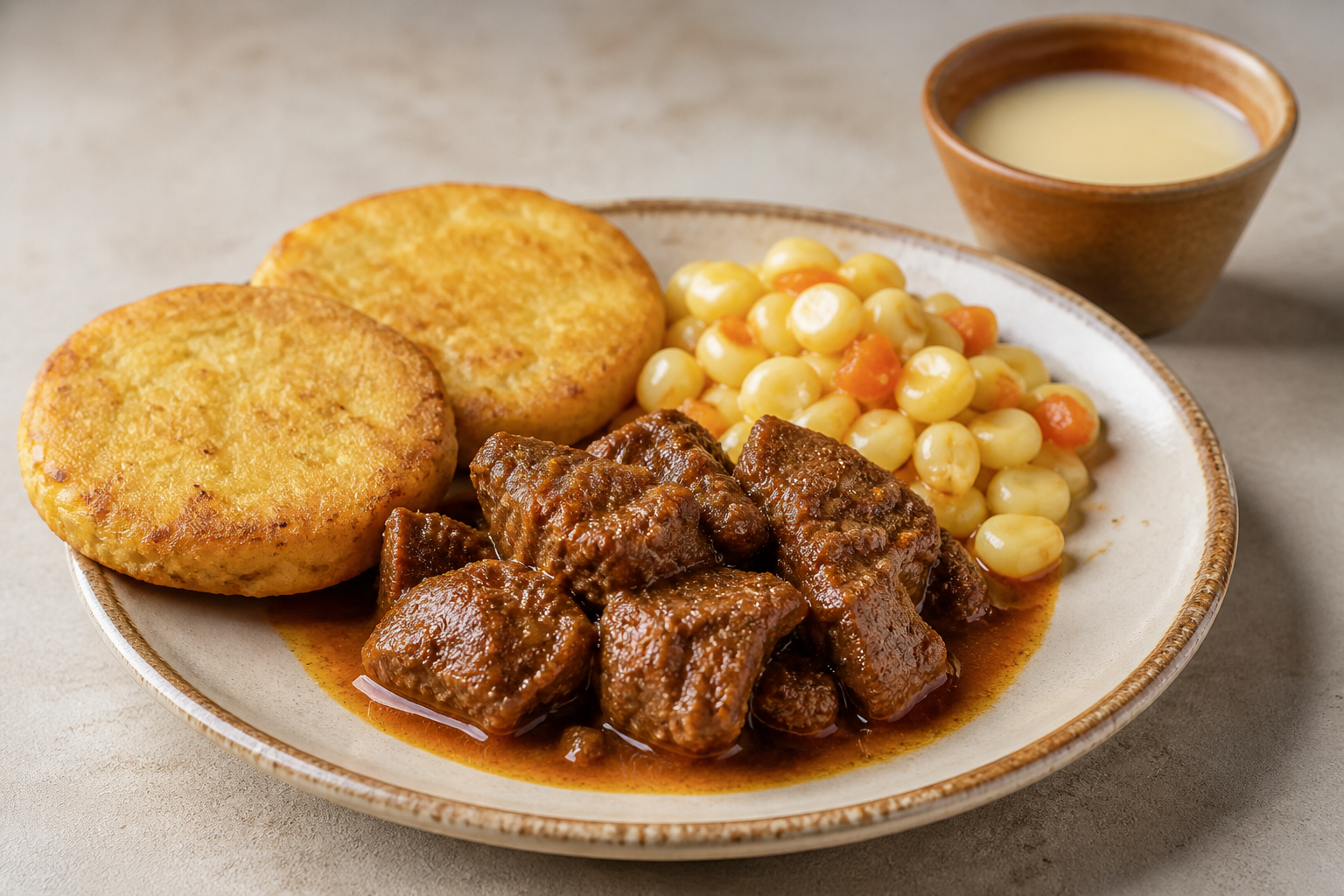 Seco de Res con Naranjilla y Chicha de Jora, acompañado de Tortitas de Yuca y Ensalada Tibia de Choclo